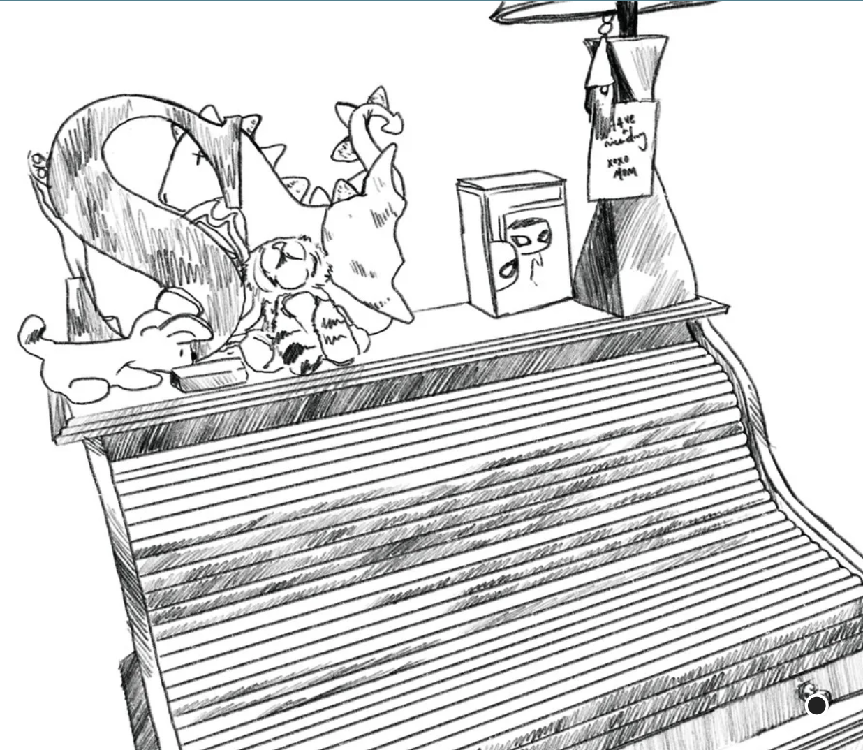 Line drawing of a closed roll-top desk with lots of items on top